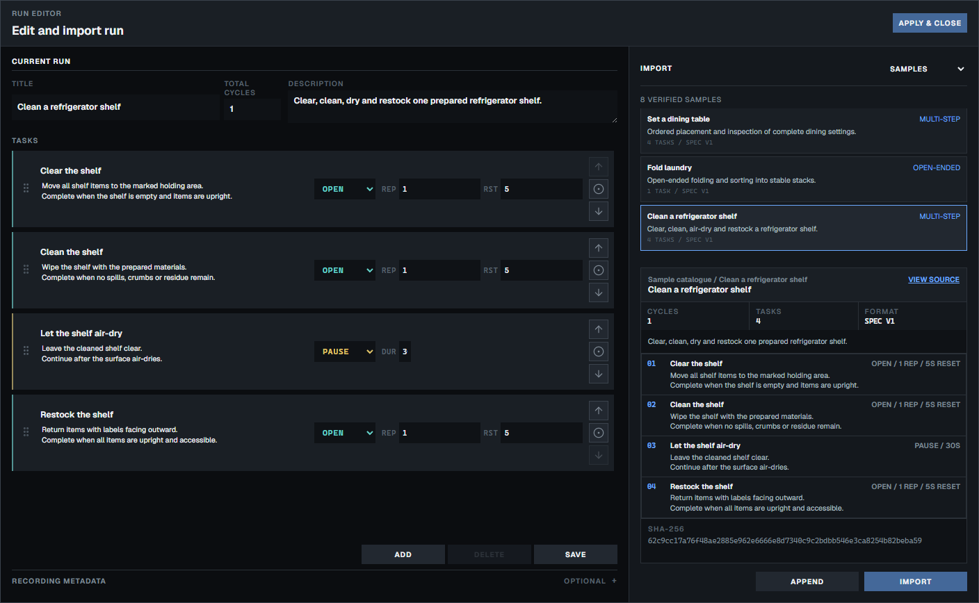 Task editor configured with open, timed and pause steps
