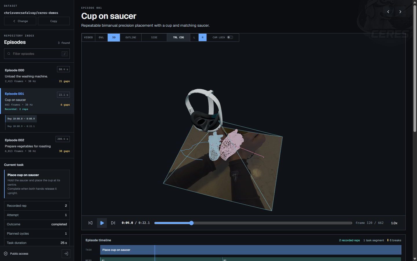 Three-dimensional replay with the tracked headset, fitted hands, camera frustum, video plane and centre-of-gravity trails