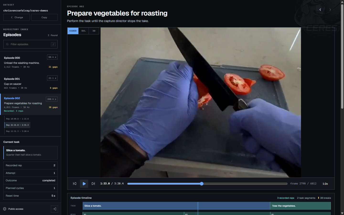 Public CERES example open at a recorded task with episode facts, playback and a multi-task timeline