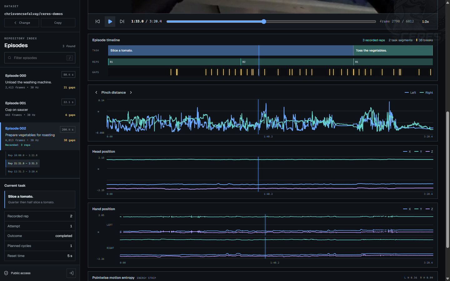 Episode task, repetition and source-gap tracks aligned with hand and head diagnostic signals