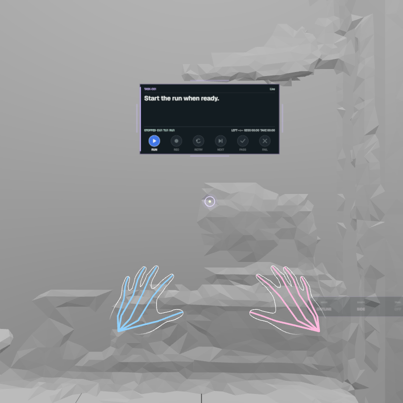 Demonstrator headset HUD with hand outlines and run controls